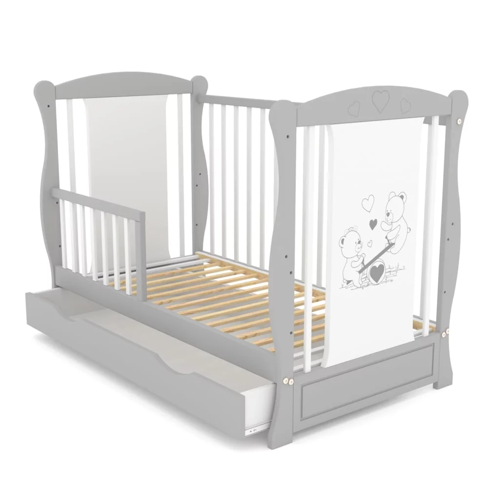 Biało szare łóżeczko niemowlęce Masza z szufladą