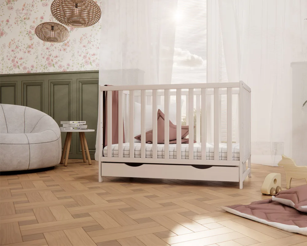 Drewniane łóżeczko tapczan MAGDA LUX kaszmir 120x60cm z funkcjonalną szufladą